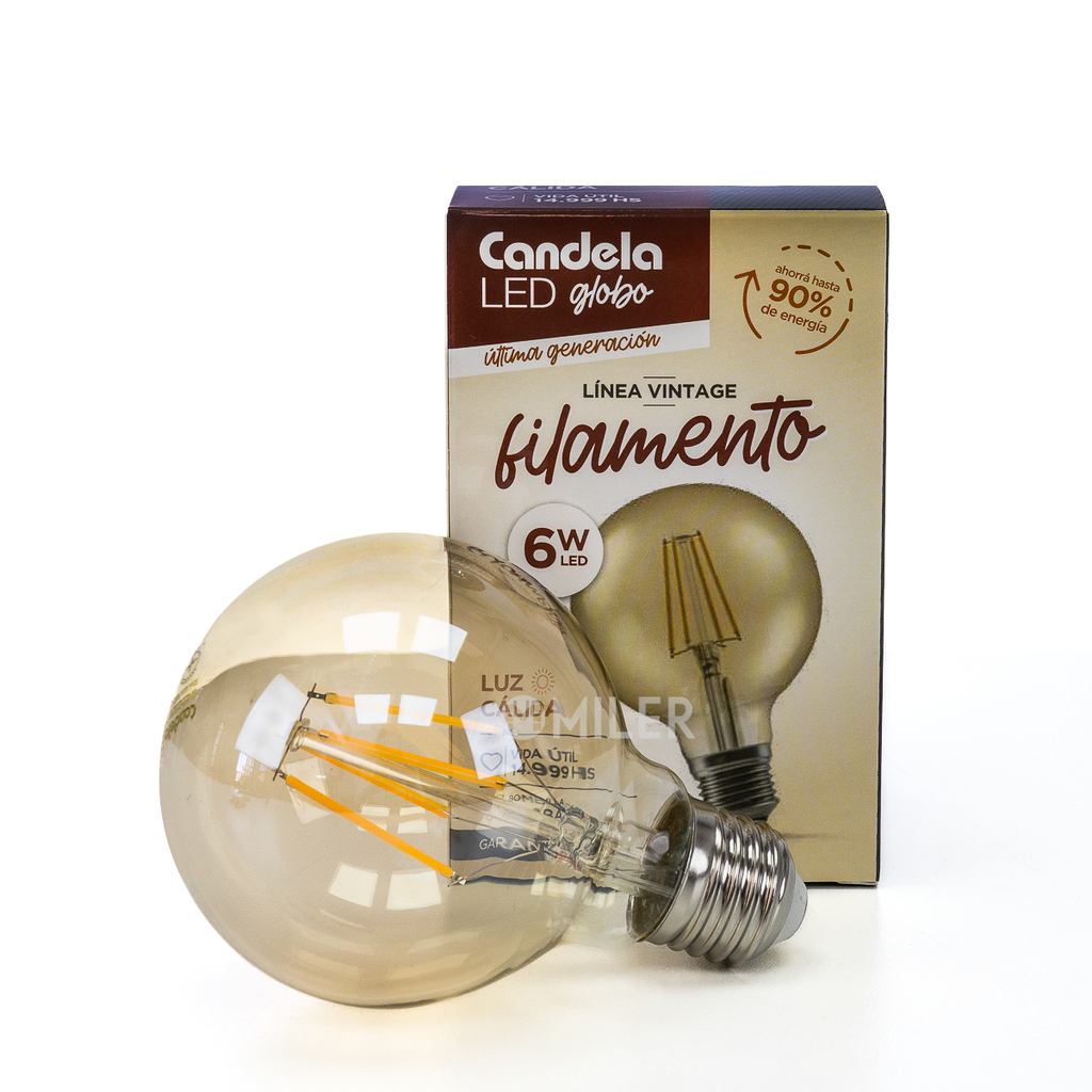 LAMPARA FILAMENTO LED GLOBO G95 6W LUZ CALIDA - CANDELA